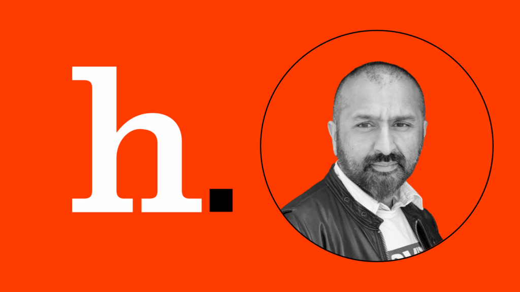 An orange background with the Hyphen logo on the left, and an image of man on the right